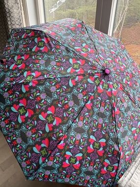 Colorful Skull & Floral Pattern Compact Umbrella - Black/Multi